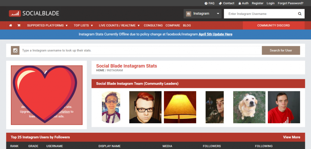 socialblade Instagram and social media tool